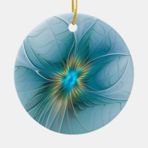 Ornamento De Cerâmica Flor de Arte Fractal Dourada e Azul Moderno