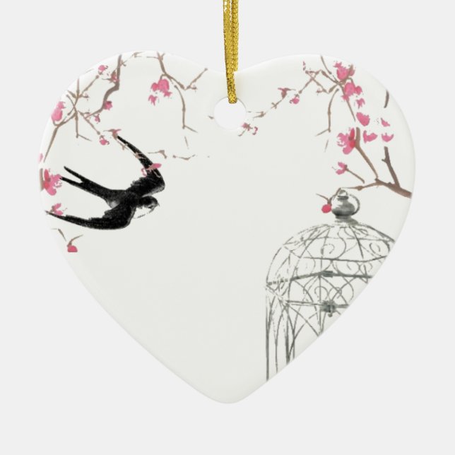 Ornamento De Cerâmica Flor de cereja, engolir, design de aves (Frente)