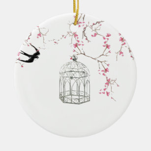 Ornamento De Cerâmica Flor de cerejeira, pássaro, birdcage - original,