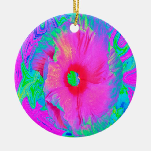 Ornamento De Cerâmica Flor de Hibisco Vermelho, Rosa Psicodélico (Frente)