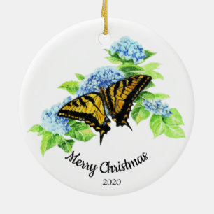 Ornamento De Cerâmica Flor de Hydrengea da Borboleta de Natal Personaliz