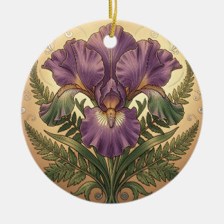 Ornamento De Cerâmica Flor de Íris Roxa Arte Nova Moldura Ornamentada