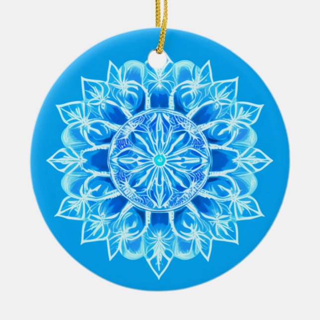 Ornamento De Cerâmica Flor de Mandala em Batik Turquesa (Frente)