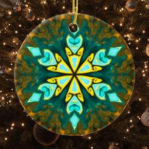 Ornamento De Cerâmica Flor de Mandala Psicodélico Teal e Amarelo