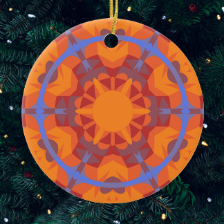 Ornamento De Cerâmica Flor de Mandala Retroativa Laranja e Azul