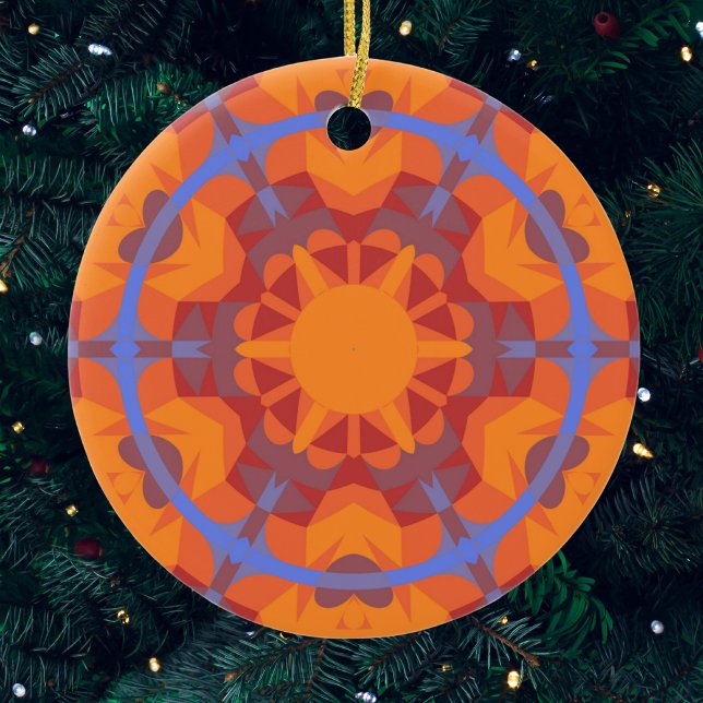 Ornamento De Cerâmica Flor de Mandala Retroativa Laranja e Azul (Criador carregado)