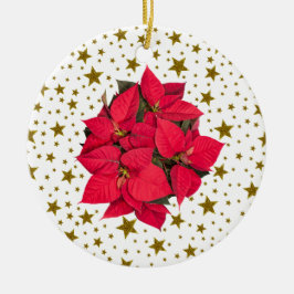 Ornamento De Cerâmica Flor de Natal Vermelho e estrelas de ouro brilhant