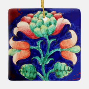 Ornamento De Cerâmica FLOR DE TINTA ESTILIZADO,Floral Verde Azul
