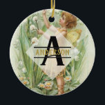 Ornamento De Cerâmica Flor Fada Snowbells Vintage Art Monograma Denomina<br><div class="desc">Edite esta bonito arte de fada de flores de neve com nome e inicial.</div>