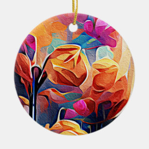 Ornamento De Cerâmica Floral Abstrato Art Laranja Vermelho Azul Flores