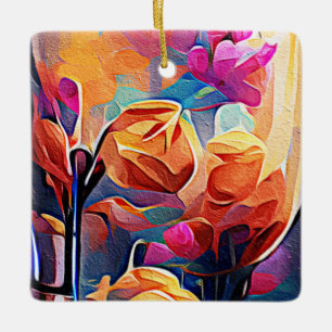 Ornamento De Cerâmica Floral Abstrato Art Laranja Vermelho Azul Flores