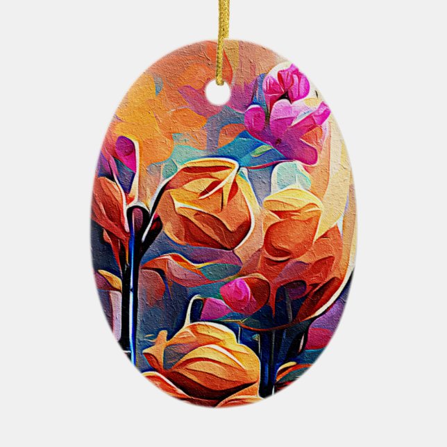 Ornamento De Cerâmica Floral Abstrato Art Laranja Vermelho Azul Flores (Frente)