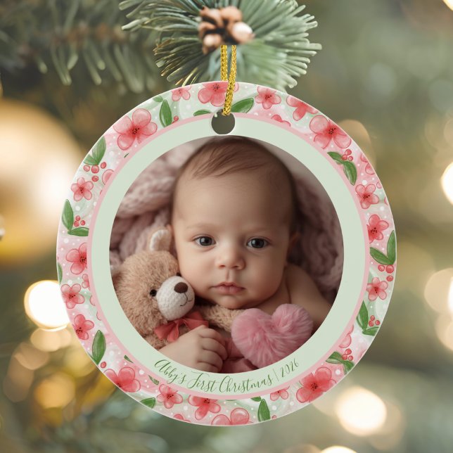 Ornamento De Cerâmica Floral Baby’s First Christmas Ornament – Add Name  (Baby's First Christmas Photo Ornament Keepsake)