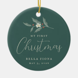 Ornamento De Cerâmica Floral Berry Branch Minha Primeira Foto De Natal