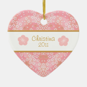 Ornamento De Cerâmica Floral Blossom Heart Name and Photo