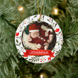 Ornamento De Cerâmica Floral Christmas Baby's First Christmas Photo