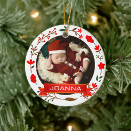 Ornamento De Cerâmica Floral Christmas Baby's First Christmas Photo