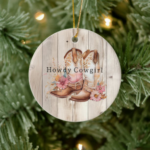 Ornamento De Cerâmica Floral Cowgirl Boots Ivory Faux Wood Personalizada