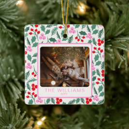 Ornamento De Cerâmica Floral de Natal Vermelho e Verde Moderno 2 Fotos