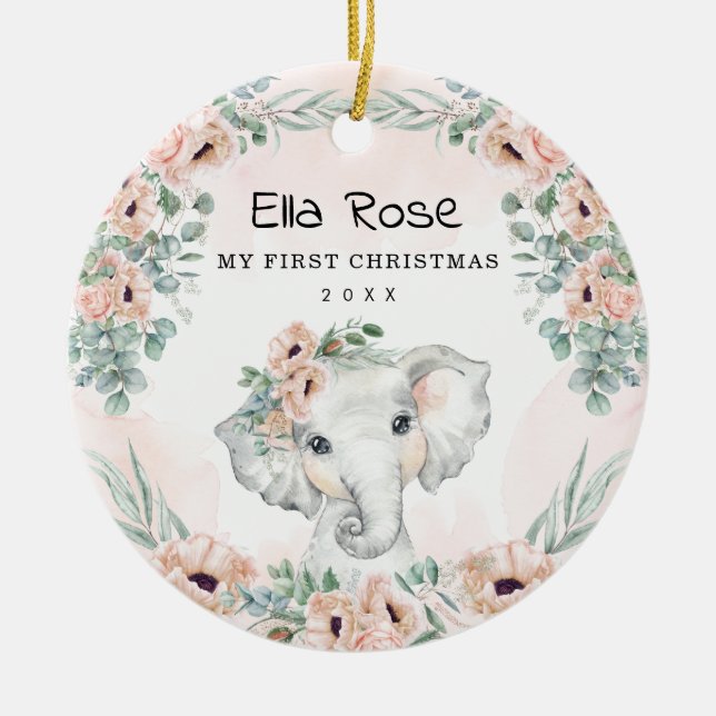 Ornamento De Cerâmica Floral Eucalyptus Elephant Baby Primeiro Natal (Frente)