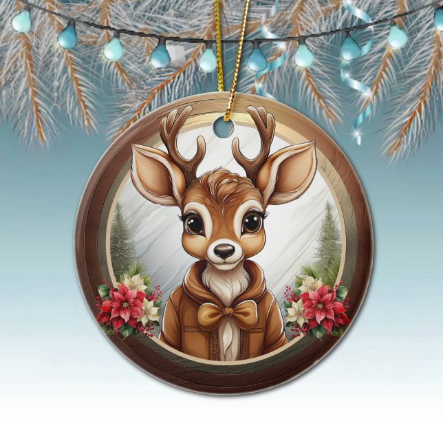 Ornamento De Cerâmica Floral Fawn Poinsettia Design Christmas theme 🦌🎄 (Floral Fawn Poinsettia Design Christmas theme Ceramic Ornament Rustic Xmas Reindeer Festive Deer🦌🎄)