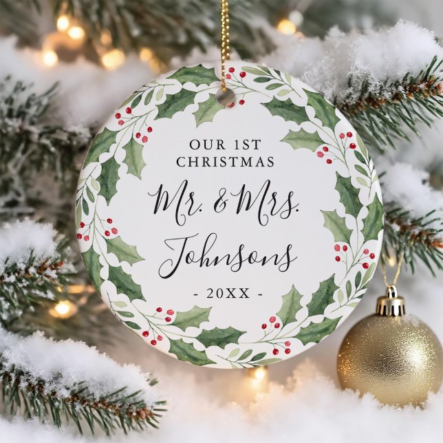 Ornamento De Cerâmica Floral Greenery Wreath Our First Christmas (Criador carregado)