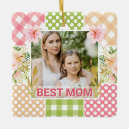 Ornamento De Cerâmica Floral & Plaid Photo Frame Mother's Day