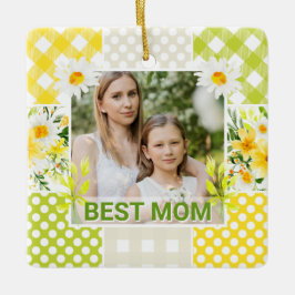 Ornamento De Cerâmica Floral & Plaid Photo Frame Mother's Day