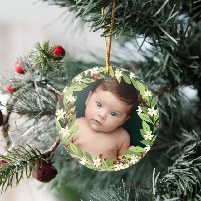 Ornamento De Cerâmica Floral Red Berries Greenery Wreath Foto (Criador carregado)