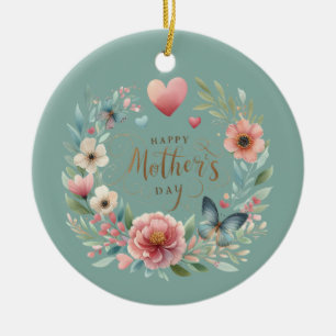 Ornamento De Cerâmica Floral Wreath com um Dia de as mães Feliz da Borbo