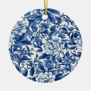 Ornamento De Cerâmica Flores Azul Índigo