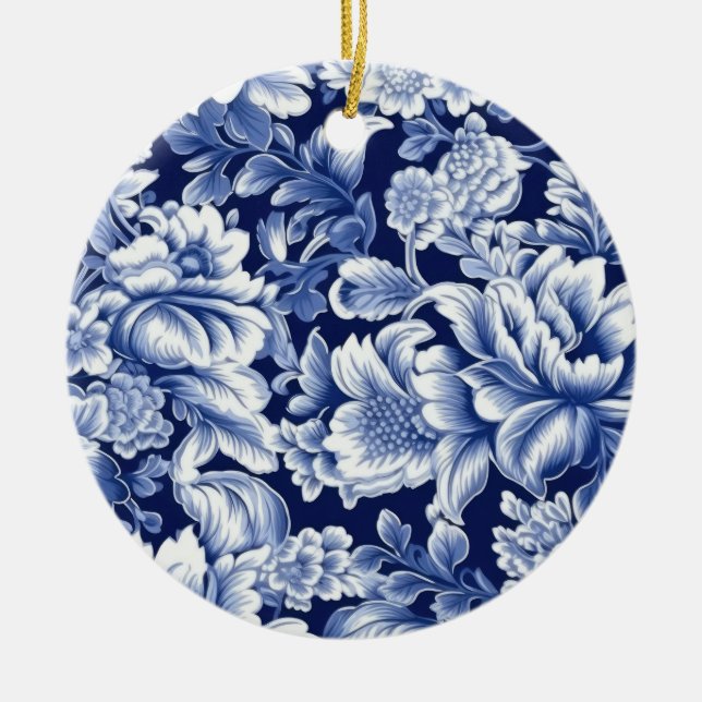 Ornamento De Cerâmica Flores Azul Índigo (Frente)