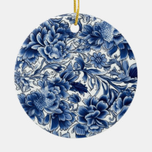 Ornamento De Cerâmica Flores Azul Índigo