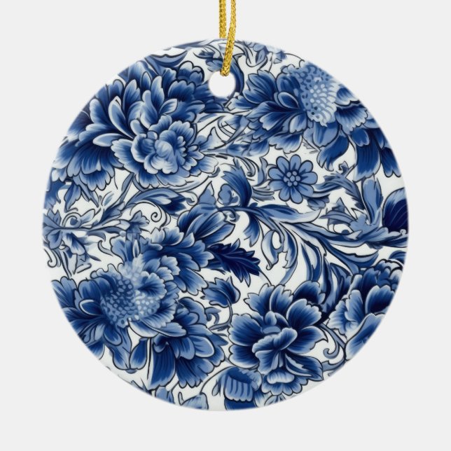 Ornamento De Cerâmica Flores Azul Índigo (Frente)