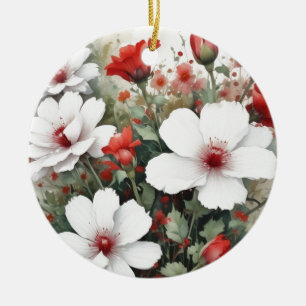 Ornamento De Cerâmica Flores brancas e vermelhas, cor d'água elegante