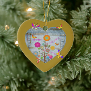 Ornamento De Cerâmica Flores Cardíacas Denim Pocket Borboletas