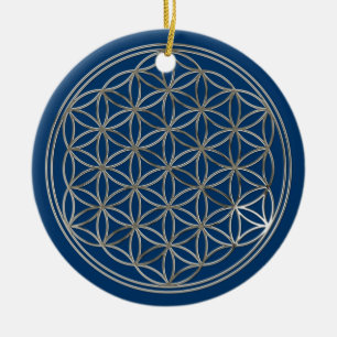 Ornamento De Cerâmica FLORES DA VIDA - Ouro + prata / azul + vermelho