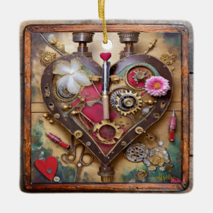 Ornamento De Cerâmica Flores de Batom Coração Série Steampunk