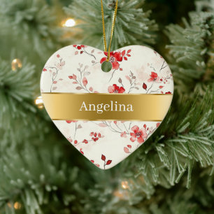 Ornamento De Cerâmica Flores de Creme Vermelho Fita Dourada Natal