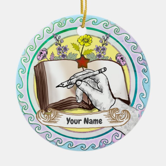 Ornamento De Cerâmica Flores de Mão de Livro (Frente)