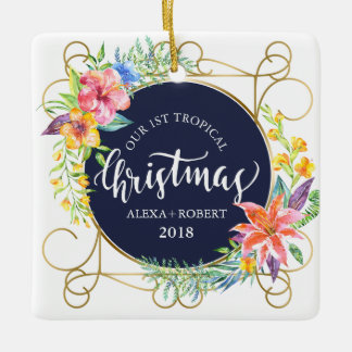 Ornamento De Cerâmica Flores de Natal Tropicais e Quadro Dourado