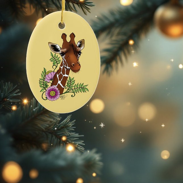 Ornamento De Cerâmica Flores de Retratos Amarelos Giraffe (Criador carregado)