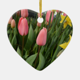 Ornamento De Cerâmica Flores de tulipa rosa de primavera feliz aniversár