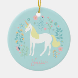 Ornamento De Cerâmica Flores de Unicórnio Rosa Aqua Personalizadas