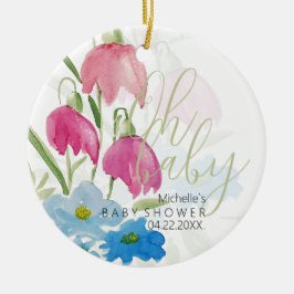 Ornamento De Cerâmica Flores em Aquarela Rosa e Azul Claro