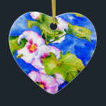 Ornamento De Cerâmica Flores florais cor-de-água rosa Elegante Hollyhock<br><div class="desc">hollyhock romântico original com pintura de aquarela de abelha de pequeno umbigo por H Cooper</div>