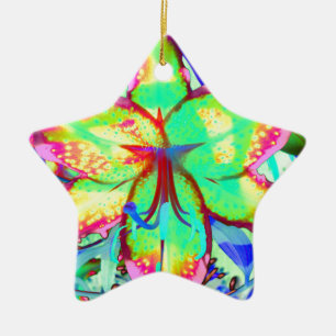 Ornamento De Cerâmica Flores florais verdes, cor-de-rosa, lírios, cor-de