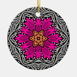Ornamento De Cerâmica Flores Geométricas - Cor-de-Rosa Fuchsia e Cinzas