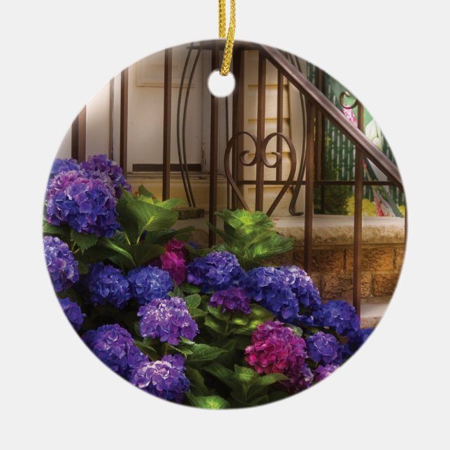 Ornamento De Cerâmica Flores - Hydrangia e Gerânios (Frente)