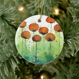 Ornamento De Cerâmica Flores Laranja e Verde de Aquarela